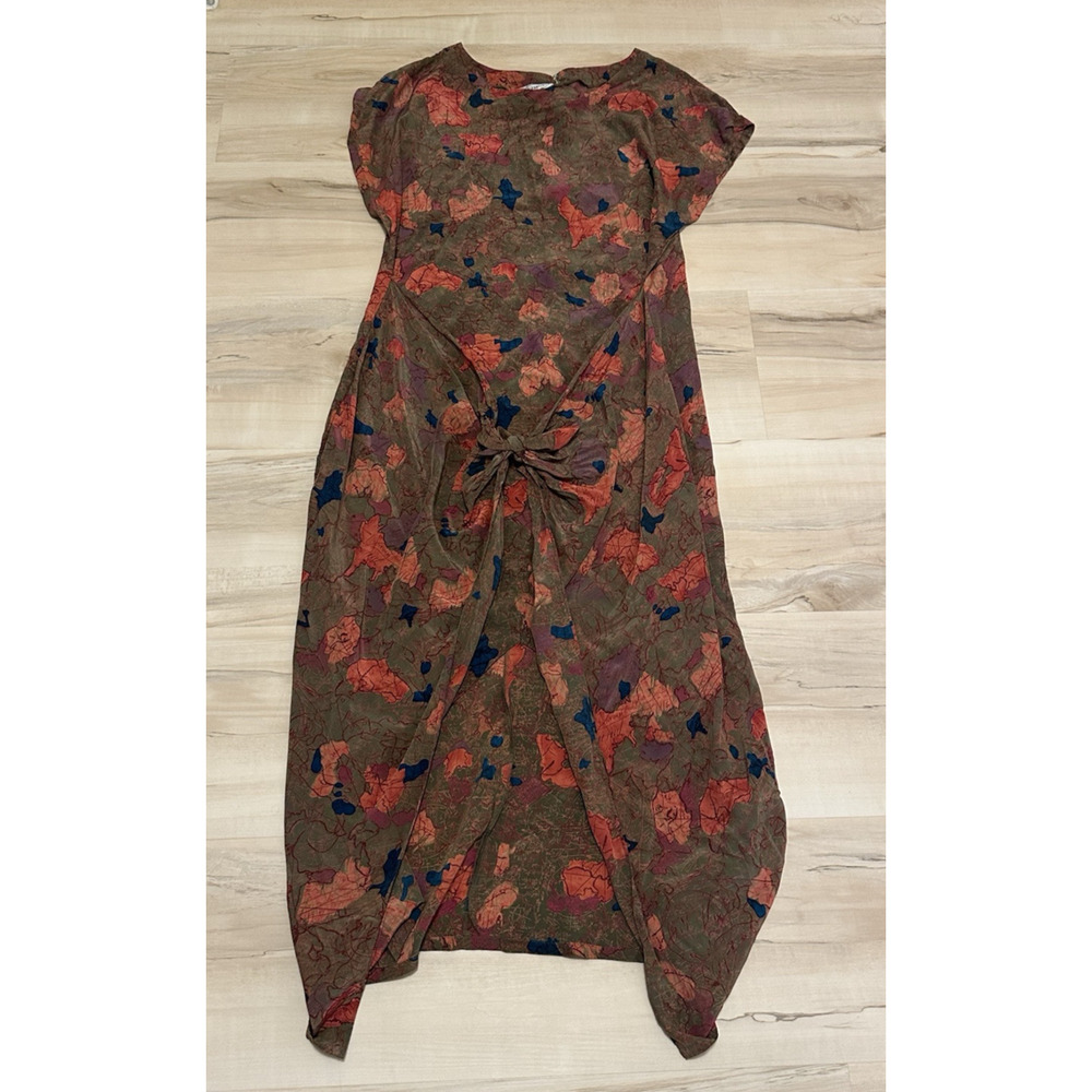 Lauren Alexandria 14 Dress Faux Wrap 100% Silk Short Sleeve Abstract Print Brown